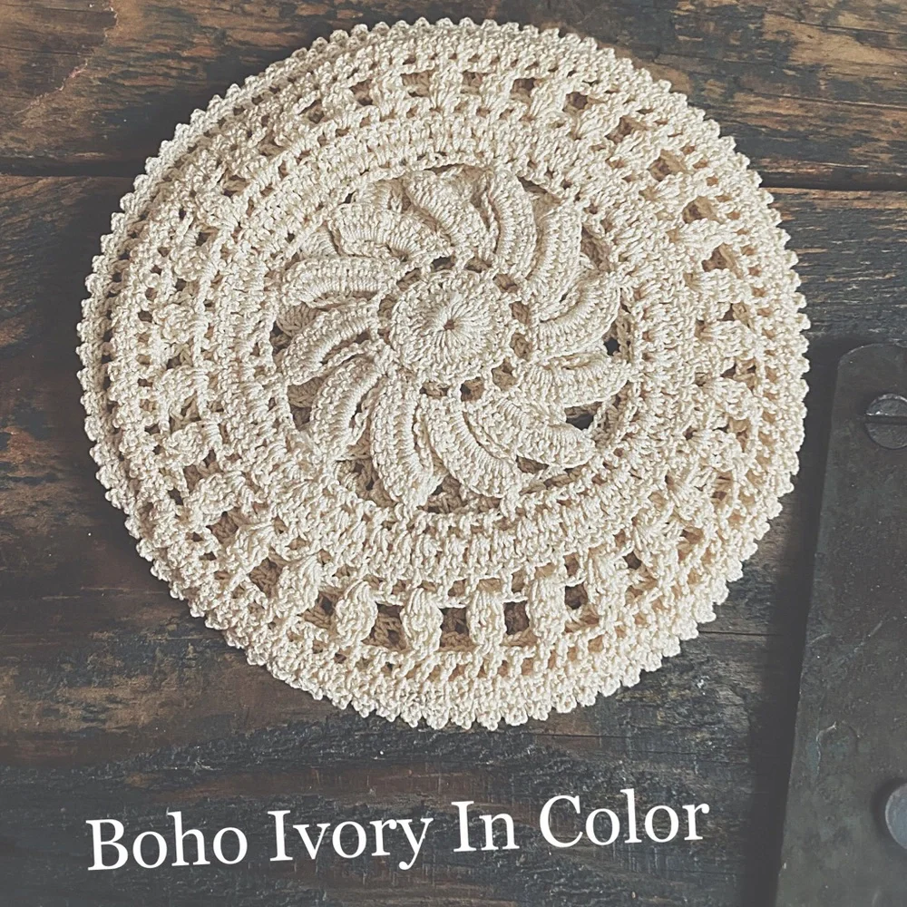 Set of 5 Vintage Hand Crocheted Coasters | Boho Ivory Table Decor